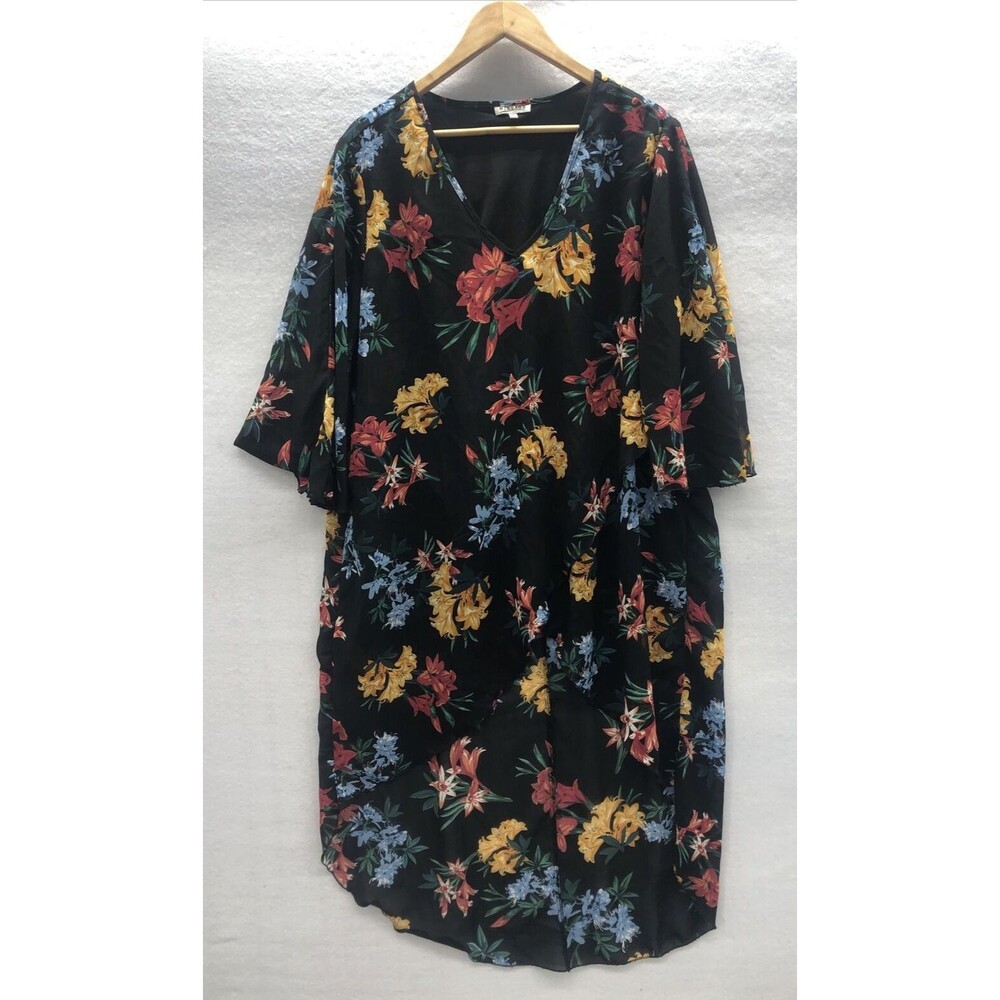 Mileage Women's Blouse Size 1X High Low Sheer Black Floral Print Lined